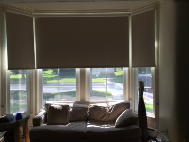 Roller shades on an angled bay window at Middlebury College.